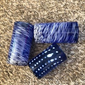 Three (3) Blue Hand-painted Mexican Drinking Glasses